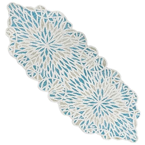 Beaded Table Runner, Sky Blue White, 36x13 | Glass beads on polyester backing, 36x13 in, coastal style, weddings, holidays, farmhouse dining tables - color: Sapphire Salt, size: 36"x13"