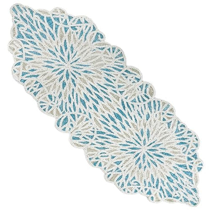 Beaded Table Runner, Sky Blue White, 36x13 | Glass beads on polyester backing, 36x13 in, coastal style, weddings, holidays, farmhouse dining tables - color: Sapphire Salt, size: 36"x13"