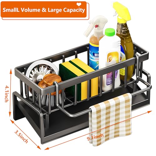 Kitchen Sink Caddy Organizer, Stainless Steel Sink Sponge Holder,45°Tilt Self-Drainage, Sponge Drain Rack with Dish Brush Holder,Removable Dishcloth Rack for Kitchen Storage Dispenser,Grey