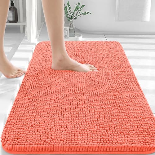 OLANLY Chenille Bathroom Mat and Toilet Rugs U-Shaped, Bath Mat Size 30x20 and Bathroom Rugs Sets Size 30x20+24x20 in Coral, 3 Item Bundle