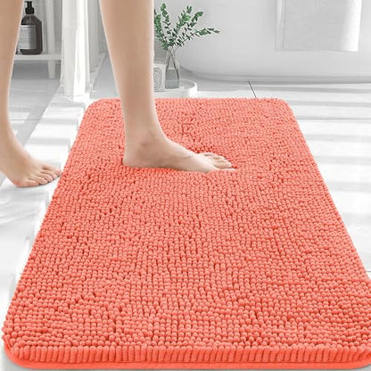 OLANLY Chenille Bathroom Mat and Toilet Rugs U-Shaped, Bath Mat Size 30x20 and Bathroom Rugs Sets Size 30x20+24x20 in Coral, 3 Item Bundle