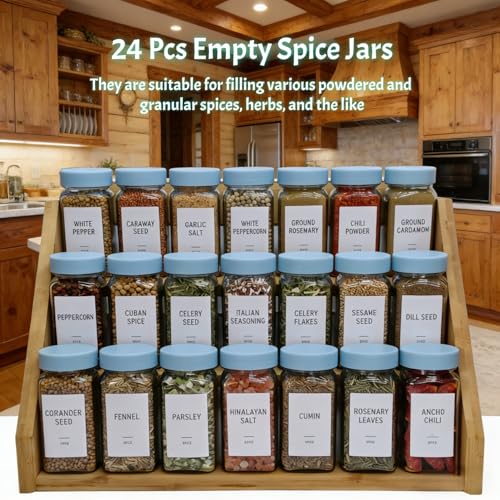 Spice Jars with Labels - 24 Glass Spice with Shaker Lids & Airtight Plastic Caps - 4oz Complete Seasoning Containers Organizer Set for Cabinet, Drawer & Rack (Skyblue) - color: Skyblue