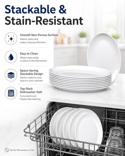 8-Pack Melamine Dinner Plates, 12 Inch Large Oval Serving Platters for Steak, Fish & Turkey, Shatterproof White Plastic Serving Trays for Party, Restaurant, RV Camping & BBQ - Dishwasher Safe