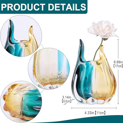 Hand Blown Glass Vase, Medium Wide Mouth Flower Vase Unique Modern Turquoise Glass Art Decor, Nonbreakable Vases for Table Centerpieces Living Room Decorative Amber and Teal Vase - size: Small