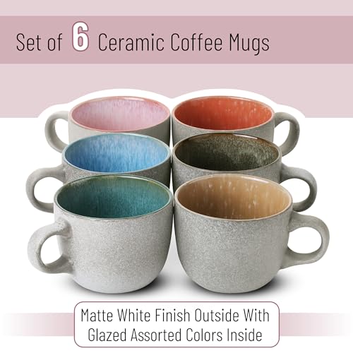 BTaT- Porcelain Coffee Mugs Set, 14 oz (415 ml), 6 Pack, Ceramic Coffee Mugs, Matte White Outside and Colorful Inside, Restaurant Cups for Tea, Cappuccino, Cocoa, Cereal, Mug Gift Set, Dishwasher Safe - color: Matte White