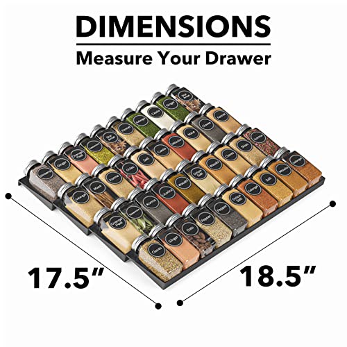 SpaceAid Spice Drawer Organizer with 40 Spice Jars, 386 Spice Labels, 4 Tier Seasoning Rack Tray Insert for Kitchen Drawers, 18.5" Wide x 17.5" Deep - size: 40 Jars, 18.5" Wide
