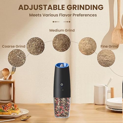 Rechargeable Gravity Salt Pepper Grinder Set, 1 Pack (Black) | Gravity Automatic Grinder With LED Light & Adjustable Roughness, Rechargeable Seasoning Tool For Kitchen Use - color: Rechargeable/Single/Black