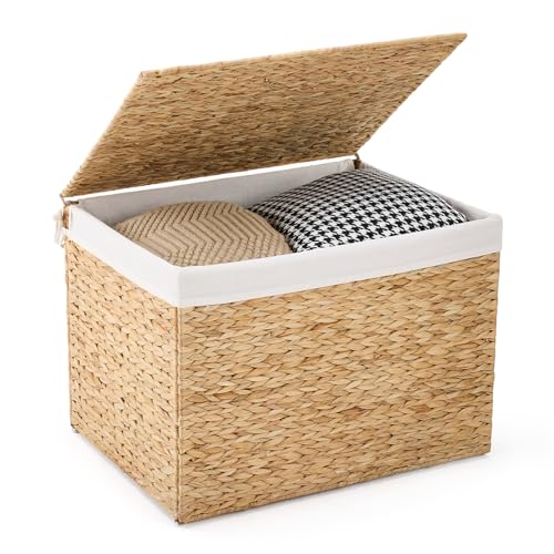Water Hyacinth Storage Basket with Lid, 46.2 Gallon (175L) Wicker Shelf Basket with Removable Liner, Wicker Storage Basket for Blanket, for Livingroom, Bedroom, Natural - size: 27.6"L x 19.7"W x 19.7"H