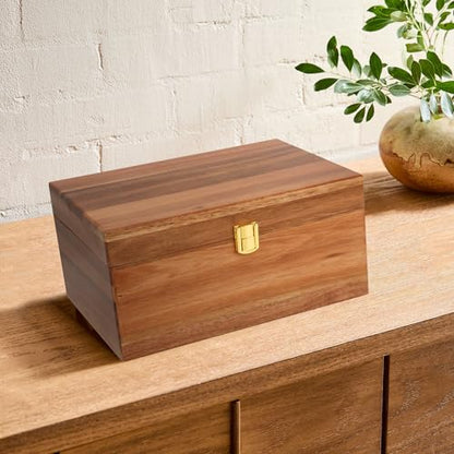 Handmade Premium Solid Acacia Wood Box with Hinged Lid – Natural Unique Finish, Golden Hinges & Latch Closure, Secure Storage for Tea, Jewelry, Crafts, Tools & More – 11" x 8" x 5.25" inch - size: 11 x 8 x 5.25 inch