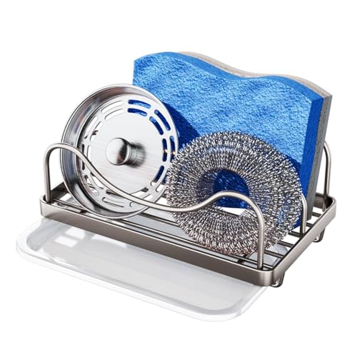 Consumest Sponge Holder for Kitchen Sink - Movable Sink Caddy for Countertop Organizer, 304 Stainless Steel Sponge Holder with Detachable Drip Tray for Kitchen Accessories, Sand Nickel - color: Sand Nickel