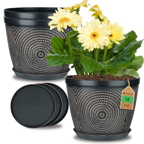 Quarut 12 Inch 4 Pack Large Pots, for Plants,Plastic Flower Pot for Indoor | Planter Pots with Drainage Holes & Saucer, Circle Pattern Planters Garden Pots for Herbs - color: Circular Pattern-brown, size: 12 inch-4 Pack