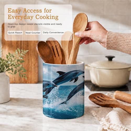 Utensil Holder for Countertop,Dolphins in Ocean Ceramic Utensil Crock Organizer for Home Kitchen Spoons,Spatulas and Cooking Tools - color: Dolphins in Ocean