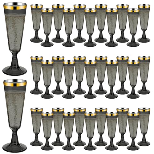 100 Pack Plastic Champagne Flutes Black, Disposable Plastic Champagne Glasses with Gold Rim, Wine Glasses Cups for Wedding Celebration Birthday Party Wine Tasting New Years Eve Party Supplies - color: Gold Rim Black, size: 100-Pack