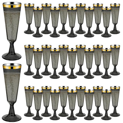 100 Pack Plastic Champagne Flutes Black, Disposable Plastic Champagne Glasses with Gold Rim, Wine Glasses Cups for Wedding Celebration Birthday Party Wine Tasting New Years Eve Party Supplies - color: Gold Rim Black, size: 100-Pack