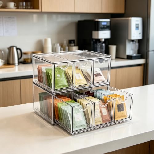 Prsildan Tea Bag Organizer K Cup Holder Drawer Coffee Pods Storage, 2 Pack | Clear Acrylic, Stackable, Pull Out, For Kitchen Office Craft Art Supplies Hair Accessories Makeup Small Items - size: Stackable-6 Drawers