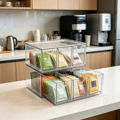 Prsildan Tea Bag Organizer K Cup Holder Drawer Coffee Pods Storage, 2 Pack | Clear Acrylic, Stackable, Pull Out, For Kitchen Office Craft Art Supplies Hair Accessories Makeup Small Items - size: Stackable-6 Drawers
