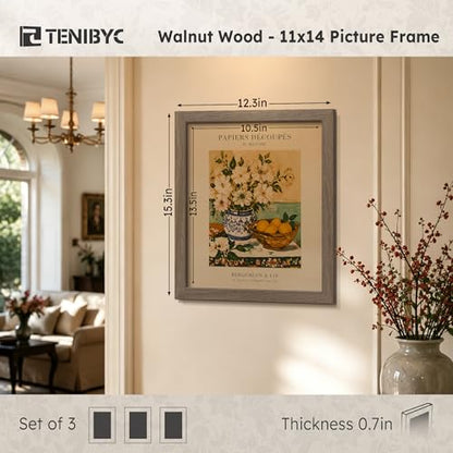 11x14 Walnut Picture Frame 3 Pack with HD Glass - Natural, Solid Wood Poster Frame, Wall Gallery Frame - color: Walnut, size: 11 X 14, style: 3 Pack