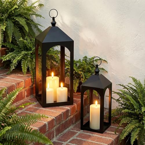 23 Inch Black Metal Outdoor Lantern with Hanging Ring Modern | Farmhouse Candle Lanterns for Porch Patio Fireplace Tabletop Decor No Glass Panel - size: 23Inch