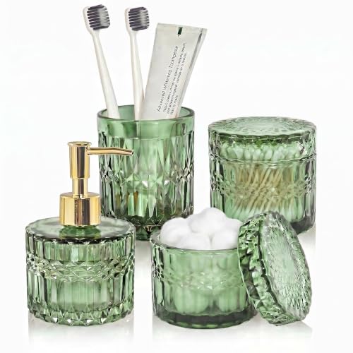 LaMarriti Green Bathroom Accessories Set, 4Pcs Clear Glass Bathroom Set, Soap Dispenser and Toothbrush Holder Set, Qtips Holder, Soap Dish for Crystal Modern Bathroom Decor, Countertop Organizer - color: 4 Pcs Green