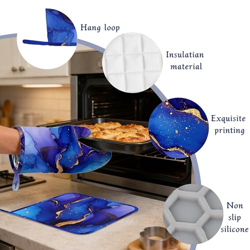 Blue Purple Gold Marble Oven Mitts and Pot Holders Sets of 4 Abstract Heat Resistant Silicone Oven Mits Gloves Non-Slip Kitchen Mittens Potholders for Cooking Baking Grilling BBQ - color: Blue Purple Gold Marble,abstract