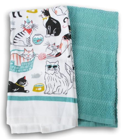 100% Cotton Kitchen Towel Set 2 Pack (Cartoon Cats and Mint Blue) - color: Cartoon Cats and Mint Blue