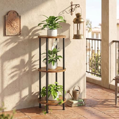 HOOBRO Plant Stand Indoor, 3 Tier 35.2" Tall Small Plant Shelf, Round Potted Holder Rack, Modern Flower Stand for Living Room Balcony Garden, Rustic Brown and Black BF13HJ01