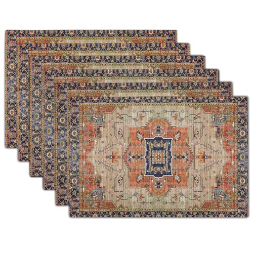 Aztec Terracotta Boho Placemats Set of 6 Vintage Rust Retro Carpet Linen Washable Kitchen Dining Table Mats Stain Heat-Resistant Desktop Decor Place Mats for Home Party Indoor 12x18 Inches - color: Ethnic 9, size: 18x12 Inches set of 6