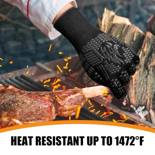 BBQ Gloves, 1472°F Heat Resistant with Silicone Grip Oven Mitts | Non-Slip Grip, for BBQ, Grilling, Oven, Smoker, Cooking and Baking - color: Black, size: Long (Glove L 13.78" × Palm W 6.33")