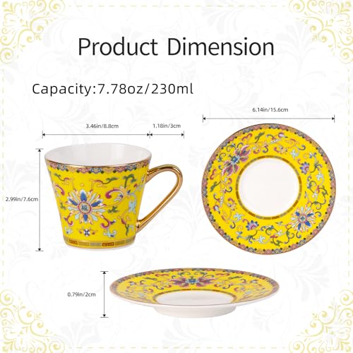 KAMMAK Tea Cup and Saucer, Ceramic Coffee Cups, 7.8oz, Set of 2 | Porcelain Tea Cups with Saucers for Coffee and Cappuccino, Ideal for Breakfast, Afternoon Tea and Entertaining,623N - style: 623N
