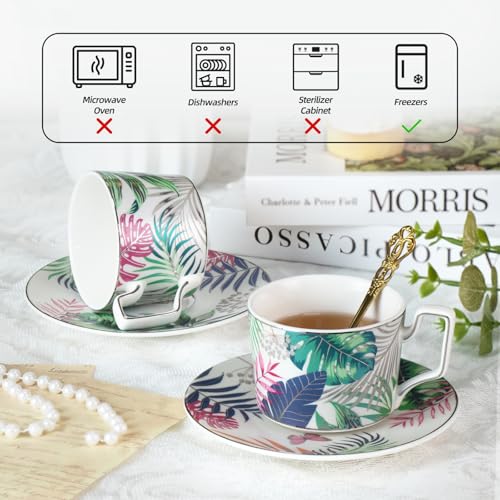 KAMMAK Tea Cups and Saucers Set of 2, Porcelain Coffee Cups, NX024 | Gold Rim, Stackable Espresso Mugs, Ceramic Demitasse for Coffee, Latte, Americano, Afternoon Tea, Elegant Gift for Women - size: 8CZNX024