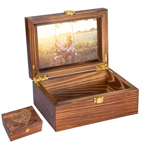 Small Wooden Memory Keepsake Boxes With Hinged Lids and a photo frame inside the lid - Decorative Storage Box With a Hinge Lids For Picture Letter Time Capsule - Wooden Gift Boxes，3.1“*5.1”*7.1“ Carbo - color: Wooden