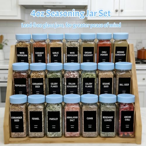 Spice Jars with Labels - 24 Glass Spice with Shaker Lids & Airtight Plastic Caps - 4oz Complete Seasoning Containers Organizer Set for Cabinet, Drawer & Rack (Skyblue) - color: Skyblue