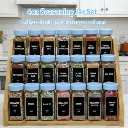 Spice Jars with Labels - 24 Glass Spice with Shaker Lids & Airtight Plastic Caps - 4oz Complete Seasoning Containers Organizer Set for Cabinet, Drawer & Rack (Skyblue) - color: Skyblue