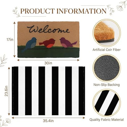 Arttown Welcome Front Coir Rug Door Mats Combo Set 17"x30"+24"x36" Birds Stripes - color: Colorful Birds