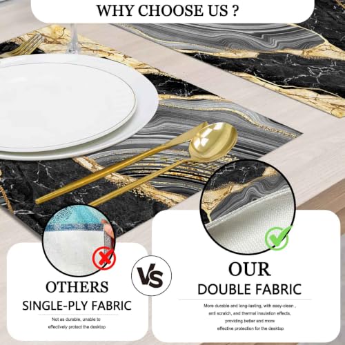 Mcalk Black Marble Table Runner and Placemats Set of 6 Pieces, Gold Marble Placemats, Modern Cloth Place Mats Indoor for Kitchen,Washable Linen Material for Dining Table - color: 02marble Black