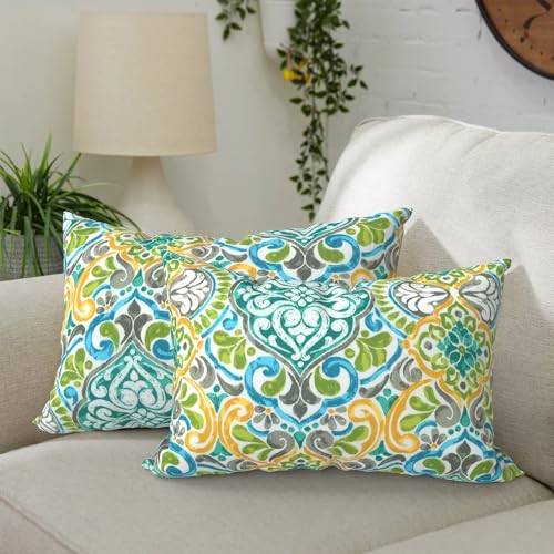 DYTXIII Pack of 2 Waterproof Outdoor Lumbar Pillow with Inserts, 12x20 in Rectangle Decorative Patio Throw Pillow for Home, Sofa,Bench and Patio Furniture, Damask Green - color: Damask Green, size: 12x20 Inch (With Inserts)