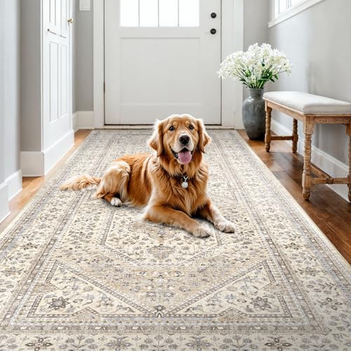 4x8 Washable Hallway Runner Rug - Non-Slip Vintage Kitchen Rugs Beige Gray | Low Pile Thin Wide Carpet for Entryway Soft Pet-Friendly Floor Mat for Living Room Bedroom Bathroom Indoor Decor - color: Beige/Gray, size: 4' x 8' (Rectangular)