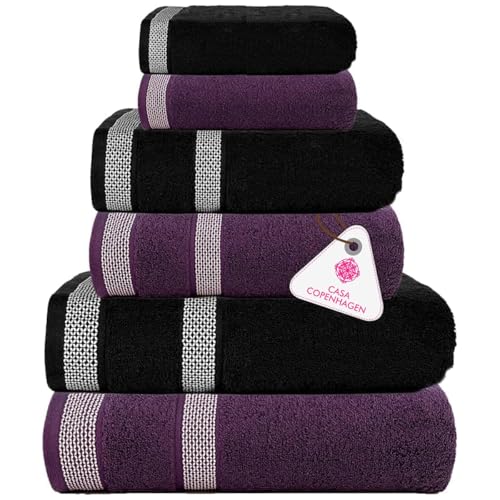 CASA COPENHAGEN Solitaire 6Pcs 100% Egyptian Cotton Large Designer Towels Gift Set- Black - Dark Purple, 600GSM, 2Bath 2Hand 2Washcloths, Bath Towels for Bathroom Set for Women & Men - color: Solitaire 6pcs Towel Set Black - Dark Purple, size: 6 Pieces