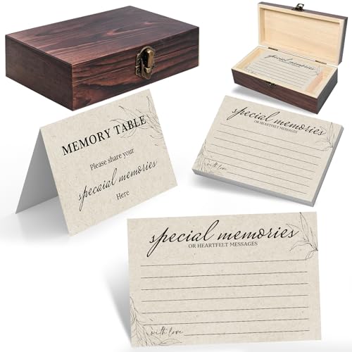 Wooden Memory Box with 60 Share a Memory Cards & Table Sign - 300GSM Heavyweight Kraft Cardstock - Keepsake Box for Funerals, Weddings, Graduation, Memorial Celebration of Life Decorations - color: SHARE A MEMORY