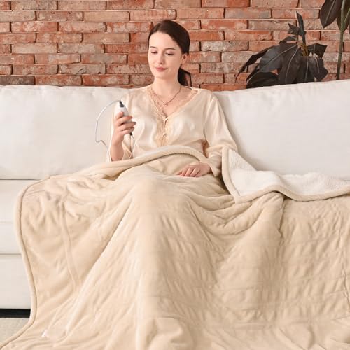 Bearhug Electric Blanket Throw Size, 50" x 60" Heated Blanket with 6 Heating Levels & 4H Auto Shut-Off, Machine Washable Soft Velvet to Sherpa Reversible Heated Throw for Office, Couch and Sofa Beige - color: Beige, size: Throw 50" × 60"