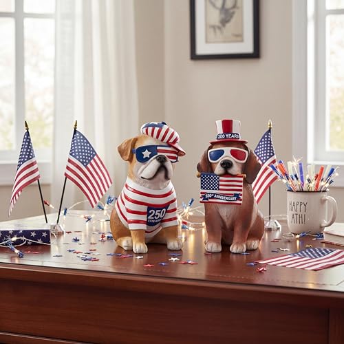 Wesiti 2 Pcs 250th Anniversary Puppy Dog Figurines Decor, 4th of July | Patriotic Stars Stripes Flag Dog Resin Statue, Red White and Blue Decorations, Home Garden Kitchen Office Table - style: Dog