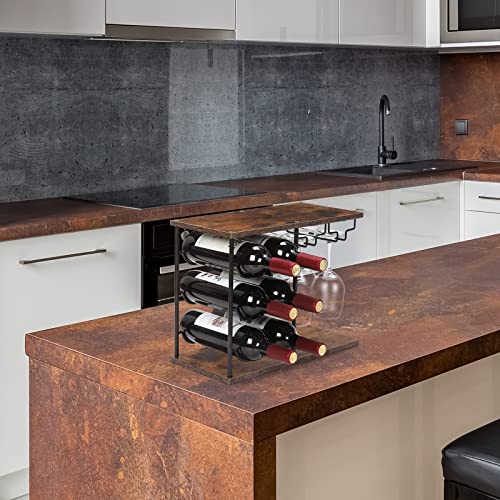 MOOACE Countertop Wine Rack, Wine Bottle Rack with Glass Holder | Freestanding, Holds 6 Bottles and 4 Glasses, For Home Bar Tabletop Kitchen Cabinet, Wood & Metal
