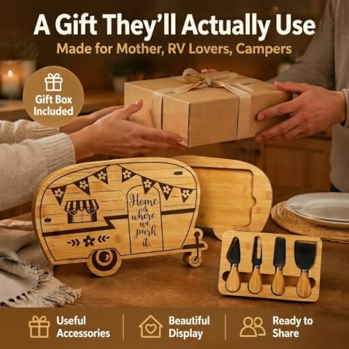 Foldable RV Charcuterie Board Set - Bamboo Cutting Board & Serving Tray | House Warming Gifts New Home, Happy Camper Decor - Birthday, Wedding, Bridal Shower Gifts for Women & Couples