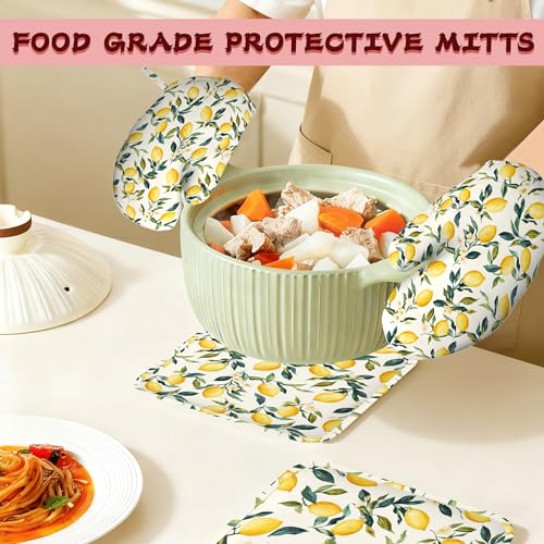 Retro Lemon Floral Silicone Oven Mitts and Pot Holders,Heat-Resistant 4 Piece Kitchen Set Non-Slip Oven Gloves and Hot Pads for Cooking, Baking, Grilling,BBQ - color: Retro Lemon Floral