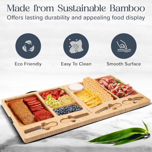 Large Bamboo Charcuterie Board with Magnetic Knife Set | Wooden Cheese Platter, Foldable, House Warming Gifts, New Home, Wedding Gifts - color: Classic