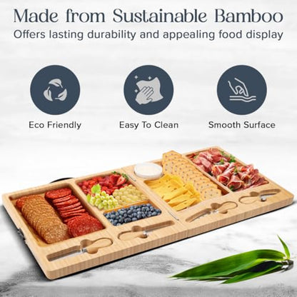 Large Bamboo Charcuterie Board with Magnetic Knife Set | Wooden Cheese Platter, Foldable, House Warming Gifts, New Home, Wedding Gifts - color: Classic