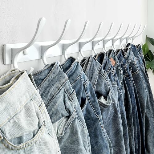 SKOLOO Wall Mounted Coat Rack - 10 Hooks, Heavy Duty, Stainless Steel, Metal Wall Hangers, Sturdy Coat Hooks for Hanging Coats, Jacket, Clothes, Hat, White - color: White, size: 10 Hook(1 Pack)