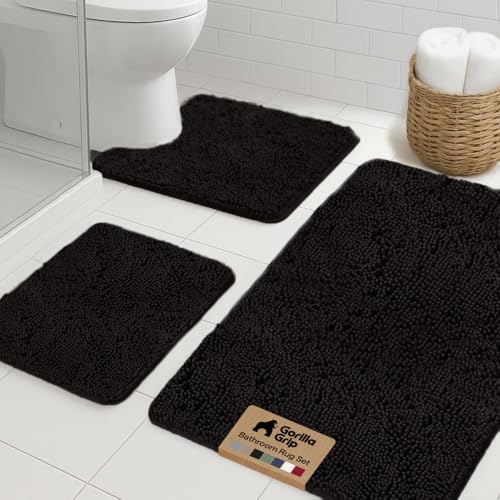 GORILLA GRIP Bathroom Rug Sets 3 Piece, Bath Mat Set and Oval Toilet Base with Rubber Backing, Plush Absorbent Shaggy Chenille Washable Mats, Includes 24x19.5, 24x17 and 36x24 Inch Rugs, Black - color: Black, style: 24"x19.5" + 24"x17" + 36"x24" - 3 Pack