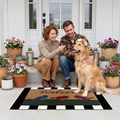 Arttown Welcome Front Coir Rug Door Mats Combo Set 17"x30"+24"x36" Birds Stripes - color: Colorful Birds