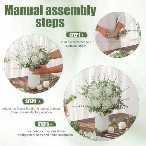 LUWENER 120 Pcs 5 Kinds Mixed Artificial Eucalyptus Leaves Stems,Bulk Fake Silver Dollar Leaves Faux Greenery Branches for Wedding DIY Bouquets, Floral Arrangement & Home Decor | White Silk Roses and Baby Breath Bulk, Fake Silver Dollar Leaves for Wedding